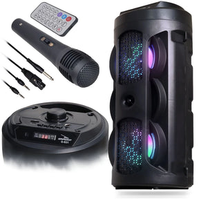 Caixa De Som Amplificada Portátil Bluetooth LED RGB Aux P2 Micro SD USB Radio FM Com Microfone Karaokê